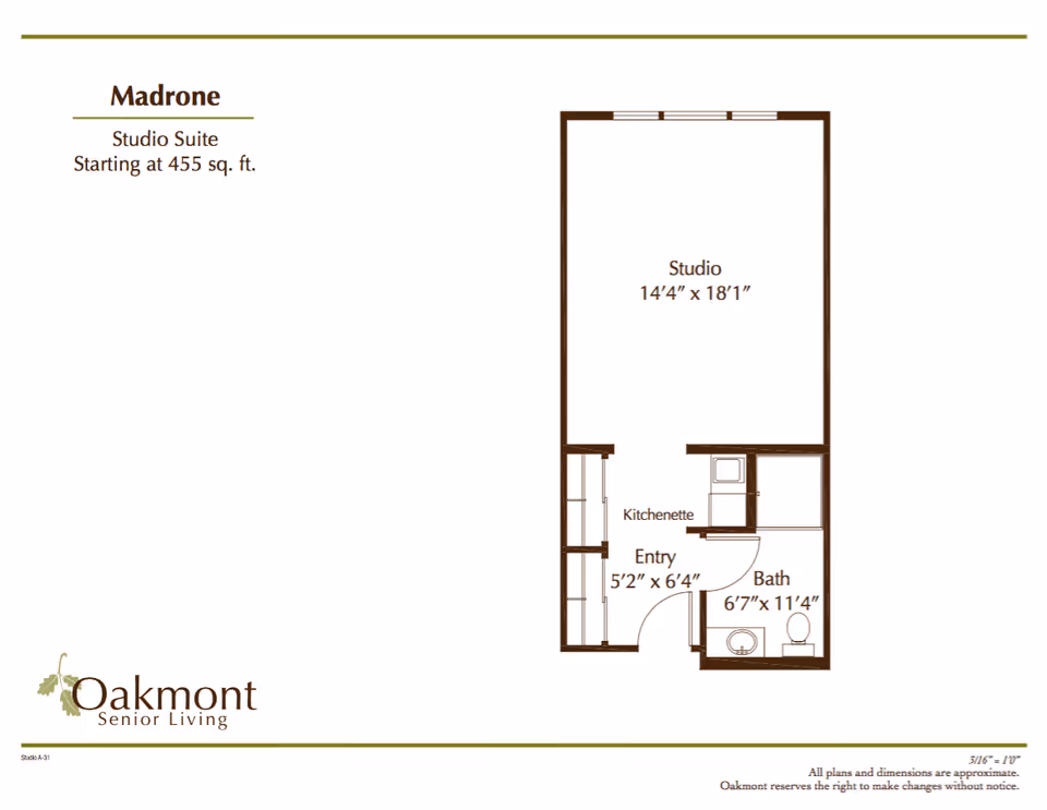 Floor plan of the Madrone studio suite at Oakmont Senior Living, showing a studio area measuring 14 feet 4 inches by 18 feet 1 inch, an entry area with kitchenette measuring 5 feet 2 inches by 6 feet 4 inches, and a bathroom measuring 6 feet 7 inches by 11 feet 4 inches.