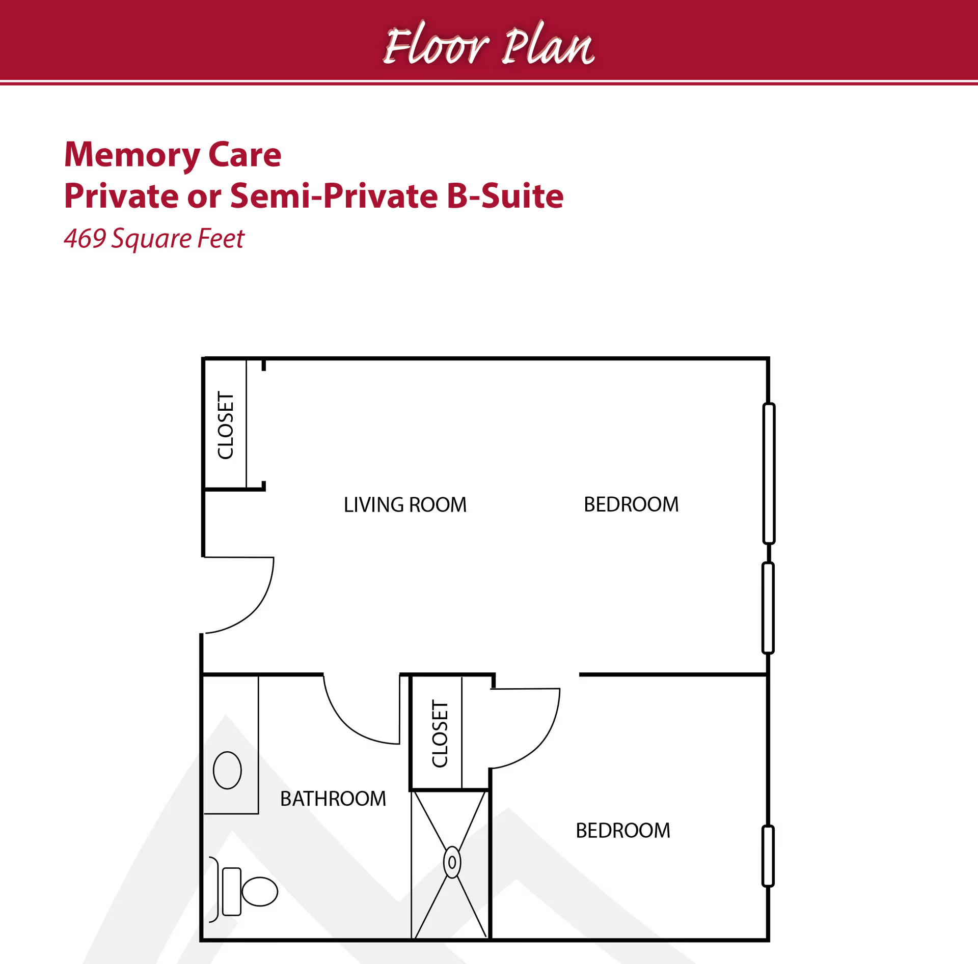 Floor plan layout for Memory Care Private or Semi-Private B-Suite at Cascades of Bend Retirement Community, covering 469 square feet, showing room divisions including a bathroom and other living spaces.