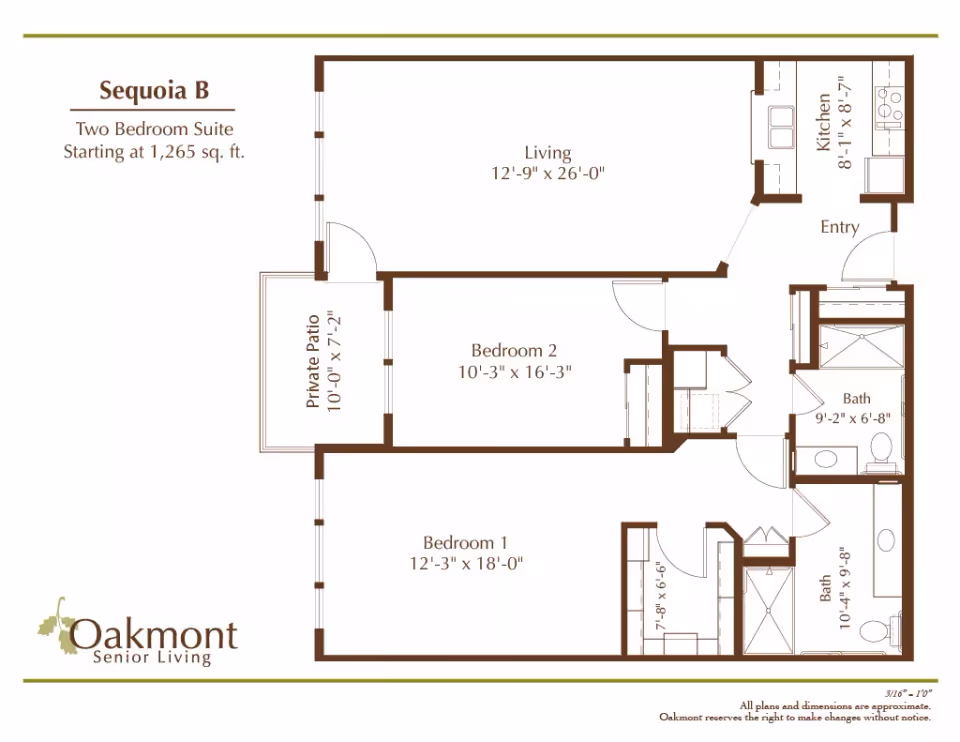 Floor plan of Sequoia B, a two-bedroom suite starting at 1,265 sq. ft. The layout includes a living room measuring 12'-9" x 26'-0", a kitchen measuring 8'-11" x 8'-7", two bedrooms (Bedroom 1: 12'-3" x 18'-0" and Bedroom 2: 10'-3" x 16'-3"), two bathrooms, and a private patio measuring 10'-0" x 7'-2". The entry is adjacent to the kitchen. The Oakmont Senior Living logo is visible at the bottom left.