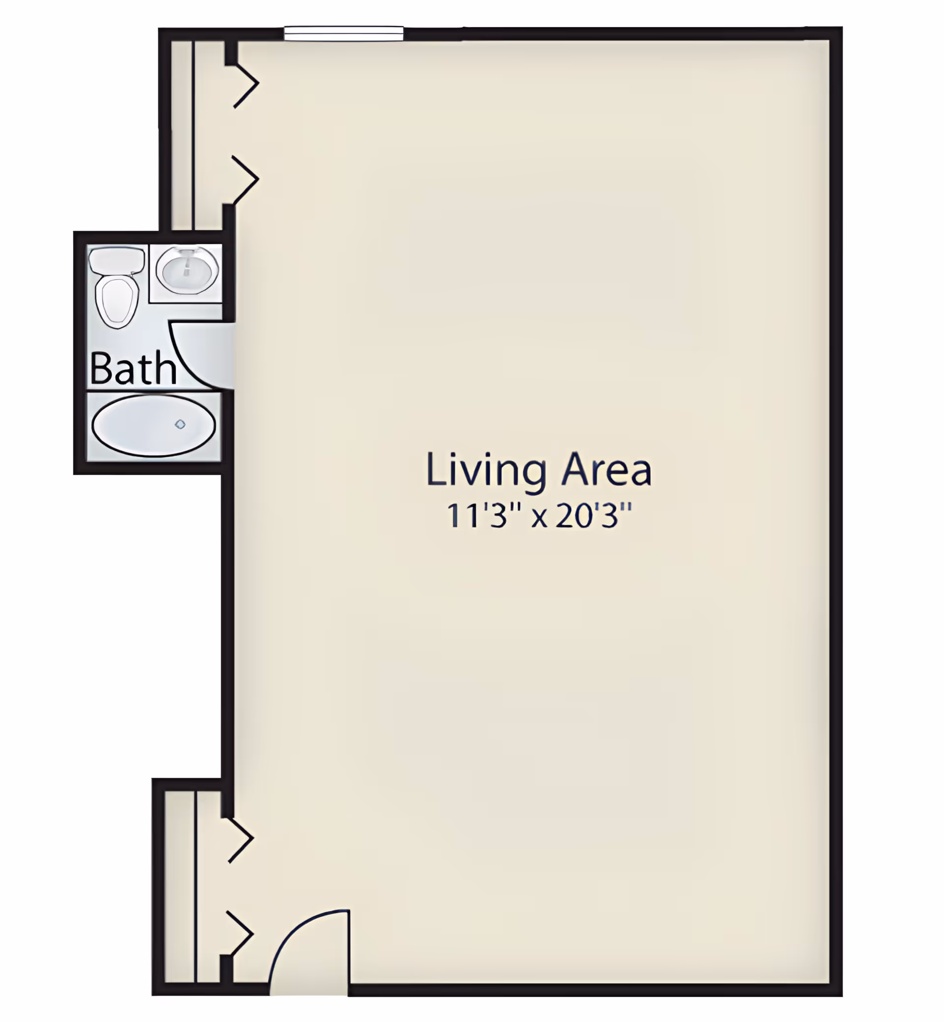 Studio-style floor plan showing a large living area labeled 11'3" x 20'3" with a small adjacent bath and entry closets.