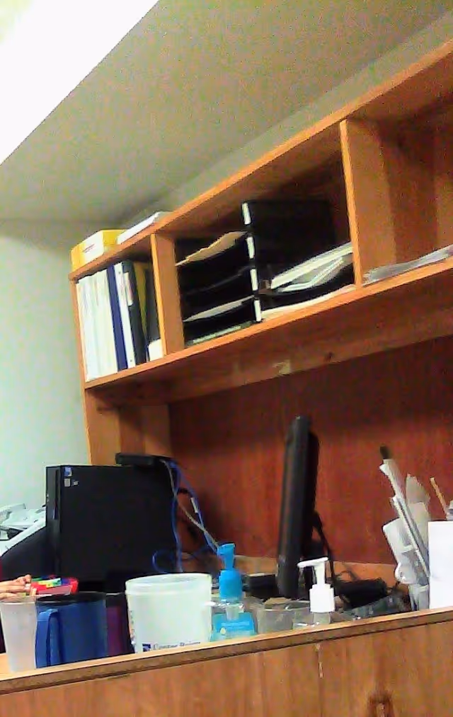 Office desk area with wooden shelving holding files and binders, a computer monitor, cups, and hand sanitizer on the counter.