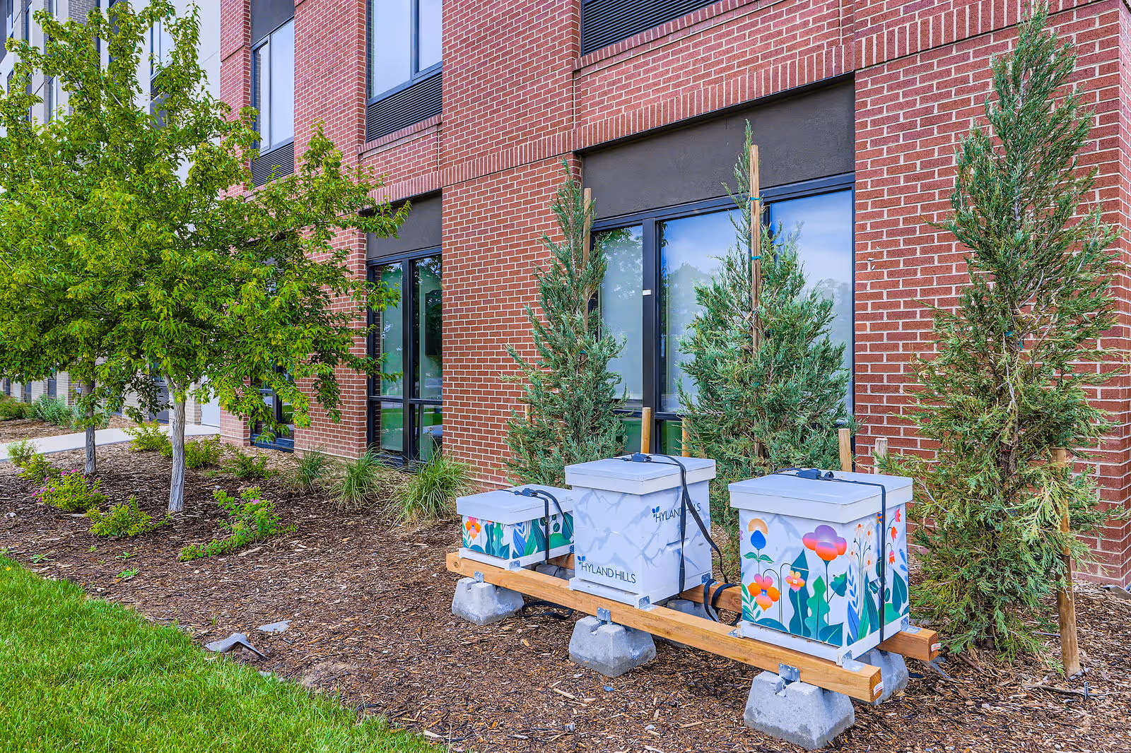Three decorative painted boxes on a wooden stand sit in a landscaped bed in front of a brick senior living building with young trees and windows.