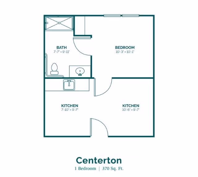 Floor plan of a one-bedroom apartment named Centerton with a total area of 370 square feet. The layout includes a bedroom, a bathroom with a toilet and sink, and two kitchen areas. The bedroom measures 10 feet 3 inches by 10 feet 1 inch. The bathroom measures 7 feet 7 inches by 9 feet 11 inches. One kitchen area measures 7 feet 10 inches by 9 feet 7 inches, and the other kitchen area measures 10 feet 6 inches by 9 feet 7 inches.