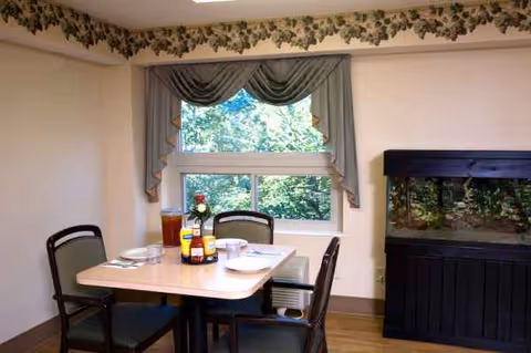 Dining room with a four-seat table, condiments, window drapes, and a fish tank.