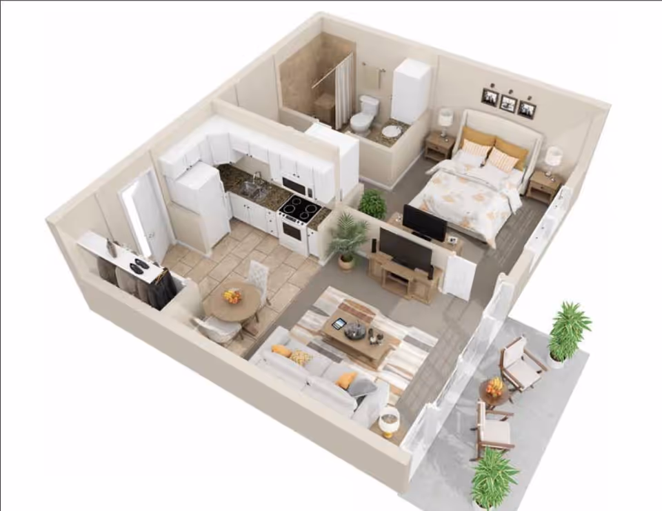 3D floor plan of a senior living apartment at Westminster Woods on Julington Creek featuring a bedroom with a bed and nightstands, a bathroom with a shower and toilet, a kitchen with appliances and cabinets, a dining area with a round table and chairs, a living room with a sofa, coffee table, TV, and a patio with two chairs and plants.