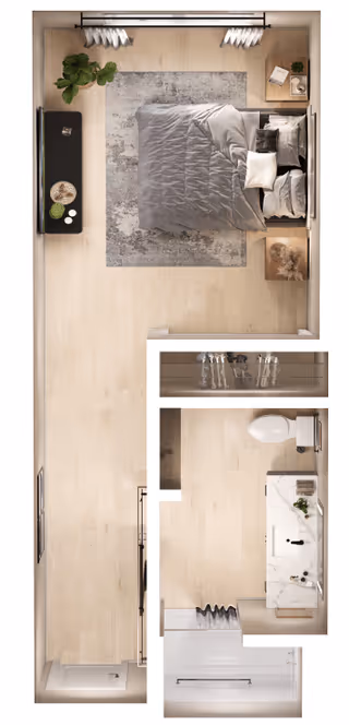 Top-down floor plan rendering of a studio apartment showing a bed with bedside tables and rug, a wardrobe closet, a bathroom with sink and toilet, and an entry/shower area.