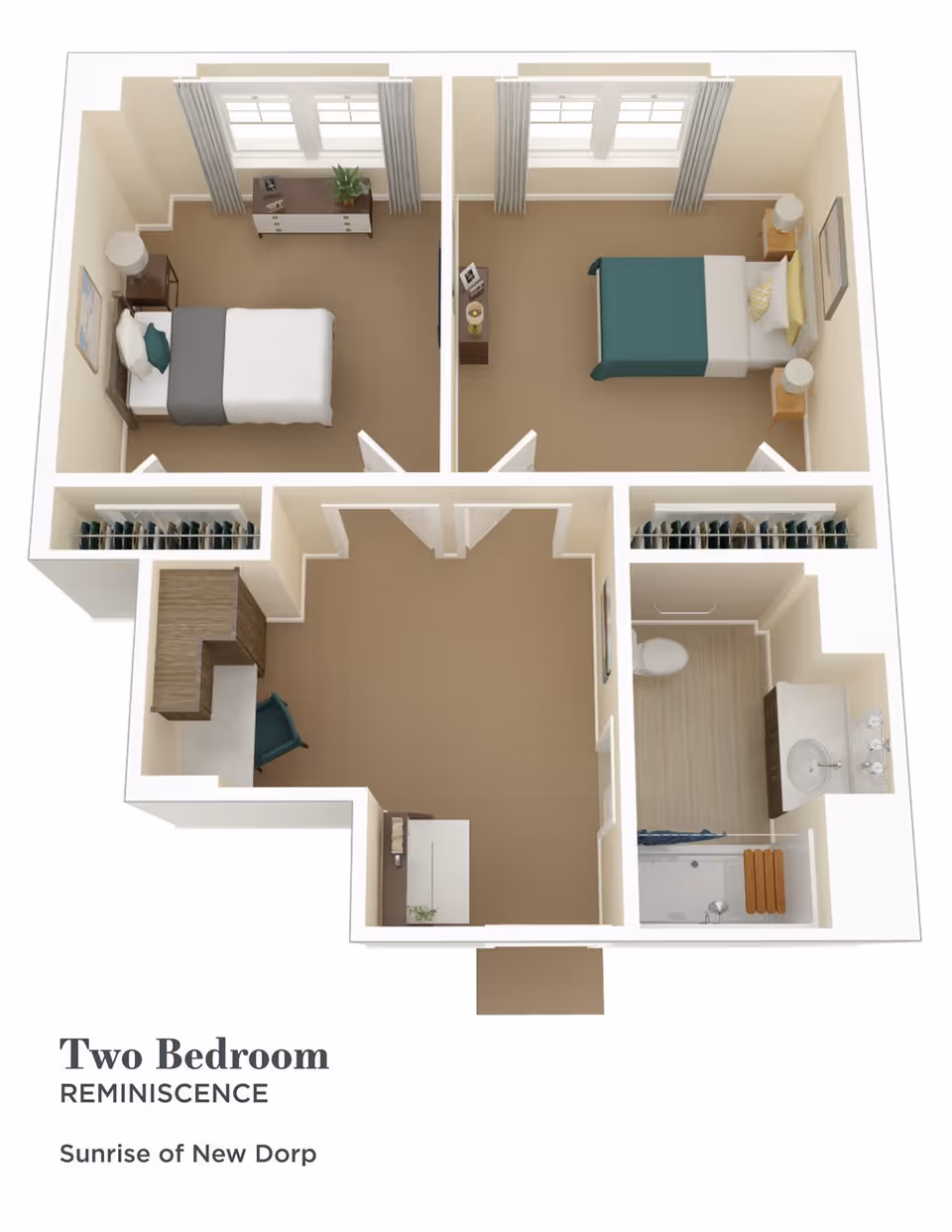 3D floor plan rendering of a two-bedroom apartment with a central living area, kitchenette and bathroom.