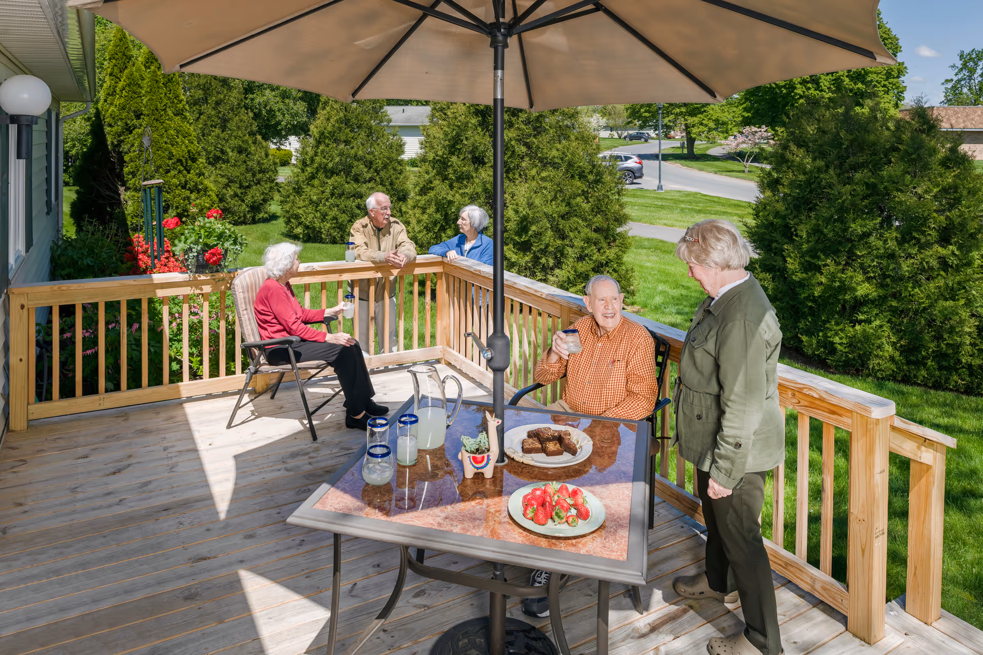 A group of five elderly people socializing on a wooden deck outdoors. Two are seated at a table with a large umbrella, which has a plate of brownies, a plate of strawberries, a pitcher of lemonade, and several glasses. Three others are standing or sitting near the wooden railing, surrounded by green trees and grass under a clear blue sky.