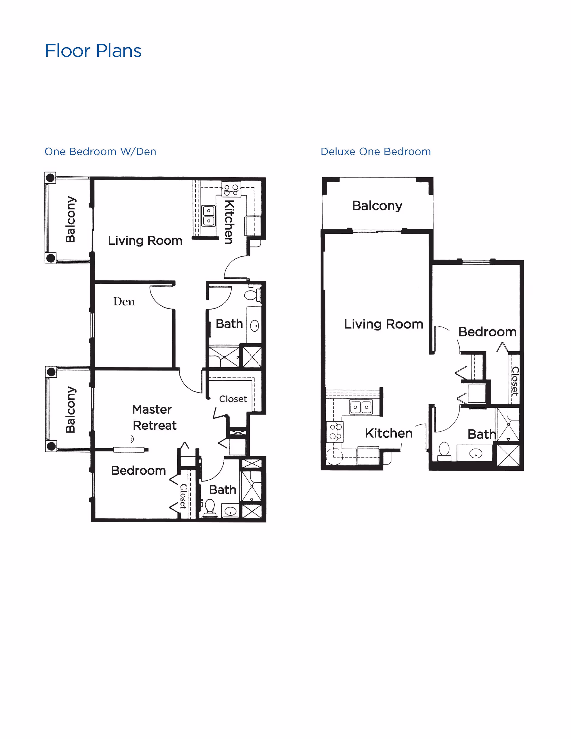 Floor plans for two apartment layouts at Brookdale Mirage Inn. The first layout is a One Bedroom with Den, featuring a living room, kitchen, den, master retreat, bedroom, two bathrooms, closets, and two balconies. The second layout is a Deluxe One Bedroom, including a living room, kitchen, bedroom, bathroom, closet, and a balcony.