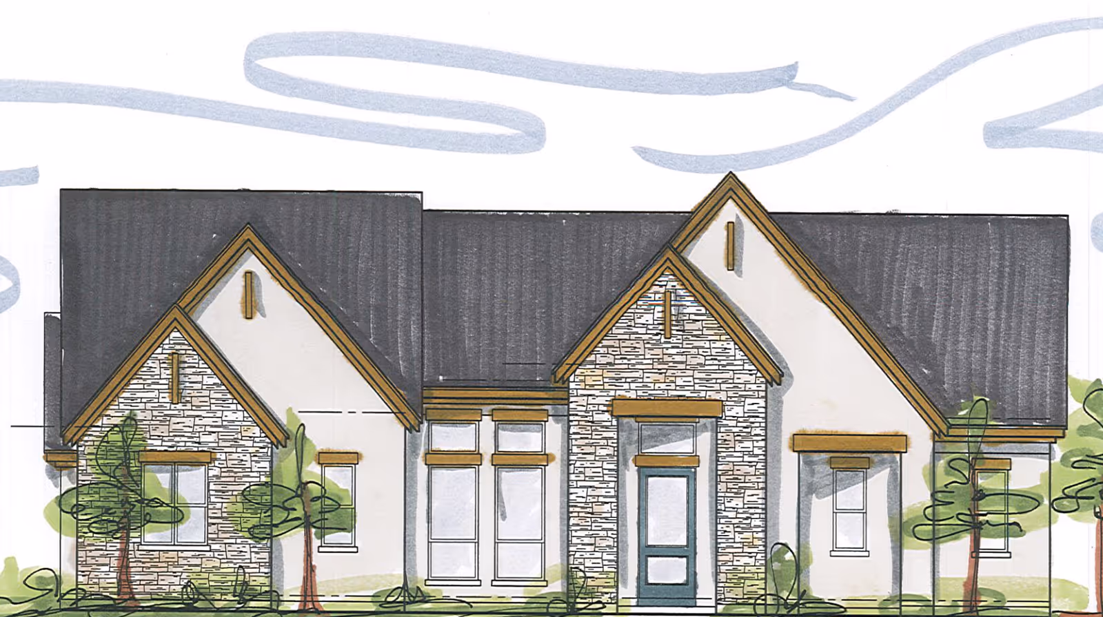 Architectural drawing of a single-story house with a dark roof, stone and light-colored exterior walls, multiple windows, a central front door, and small trees and shrubs in front.