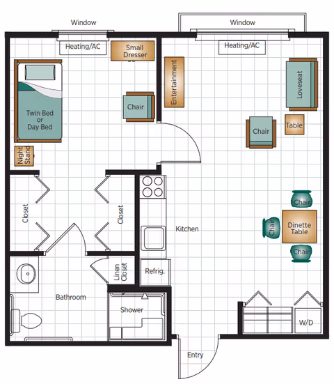 Floor plan of a senior living apartment showing a bedroom with twin or day bed, night stand, small dresser, and chair; a bathroom with toilet, sink, and shower; a kitchen area with refrigerator and stove; a living room area with loveseat, chairs, entertainment center, and table; a dinette table with four chairs; closets including linen closet; heating/AC units; and an entry door.