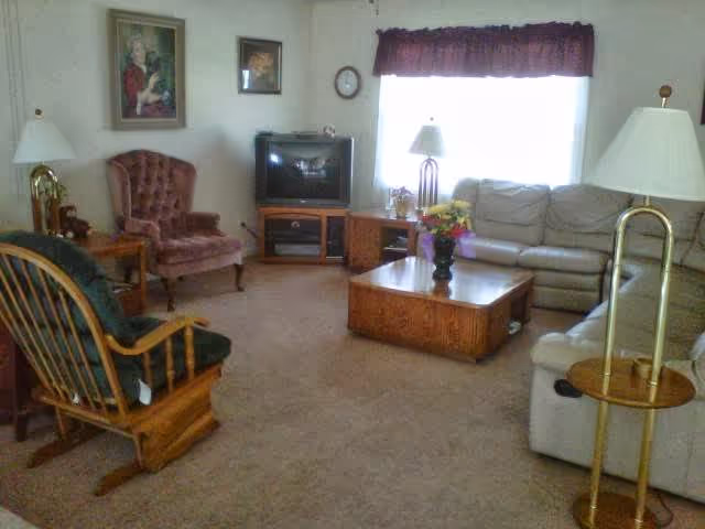 A cozy living room with beige carpet, a beige leather sofa, a wooden rocking chair with green cushions, a maroon upholstered armchair, a wooden coffee table with a flower vase, a TV on a wooden stand, and several lamps. There are framed pictures on the walls and a window with a maroon valance letting in natural light.