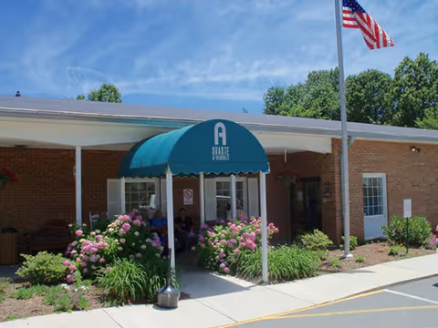 Exterior view of a single-story brick building with a green awning labeled 'Avante at Reidsville' over the entrance. There are flowering bushes and plants along the walkway leading to the entrance. An American flag is flying on a flagpole near the building under a partly cloudy blue sky.