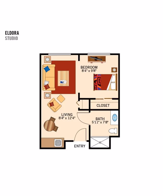 Floor plan of Eldora studio apartment at St. Andrew's Village showing a living area with sofa, chair, and table, a bedroom with a bed and TV, a closet, and a bathroom with a bathtub and toilet. The entry door opens into the living area.