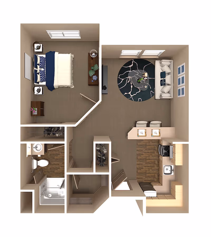 3D floor plan of a one-bedroom apartment featuring a bedroom with a bed and nightstands, a bathroom with a shower and toilet, a kitchen with appliances and a breakfast bar with two stools, and a living room with a sofa, round rug, and coffee table.