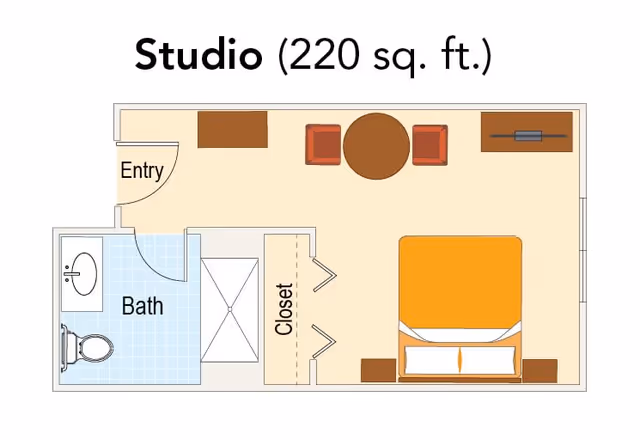 Floor plan of a 220 square foot studio apartment showing an entry door leading into a combined living and sleeping area with a bed, two chairs around a round table, a closet, and a bathroom with a sink, toilet, and shower.