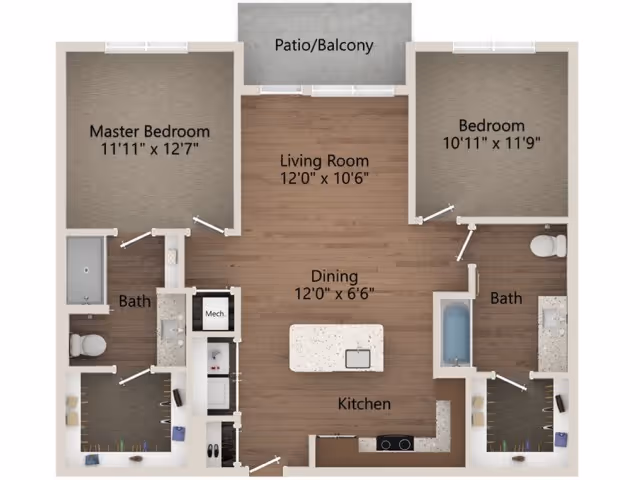 Labeled two-bedroom, two-bath apartment floor plan showing a living room, kitchen with island, dining area and a patio/balcony.
