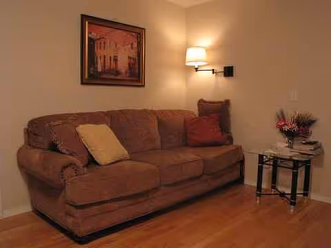 Brown sofa with pillows, wall lamp, and side table in a cozy living room.
