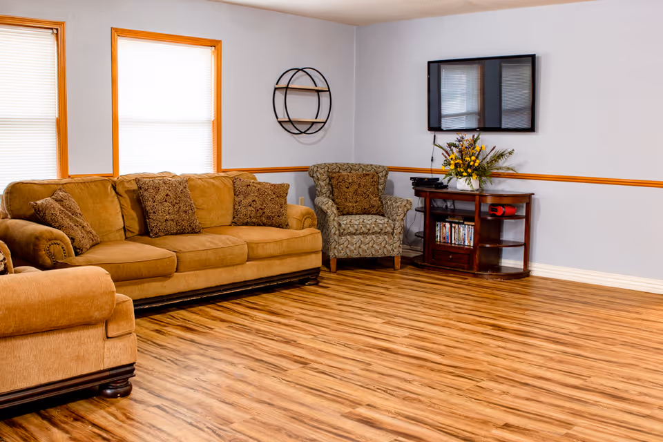A living room with wooden flooring, a brown sofa with patterned cushions, a patterned armchair, a wooden TV stand with a flat-screen TV mounted on the wall above it, and a decorative round wall shelf. There are two windows with blinds, and a vase with flowers on the TV stand.