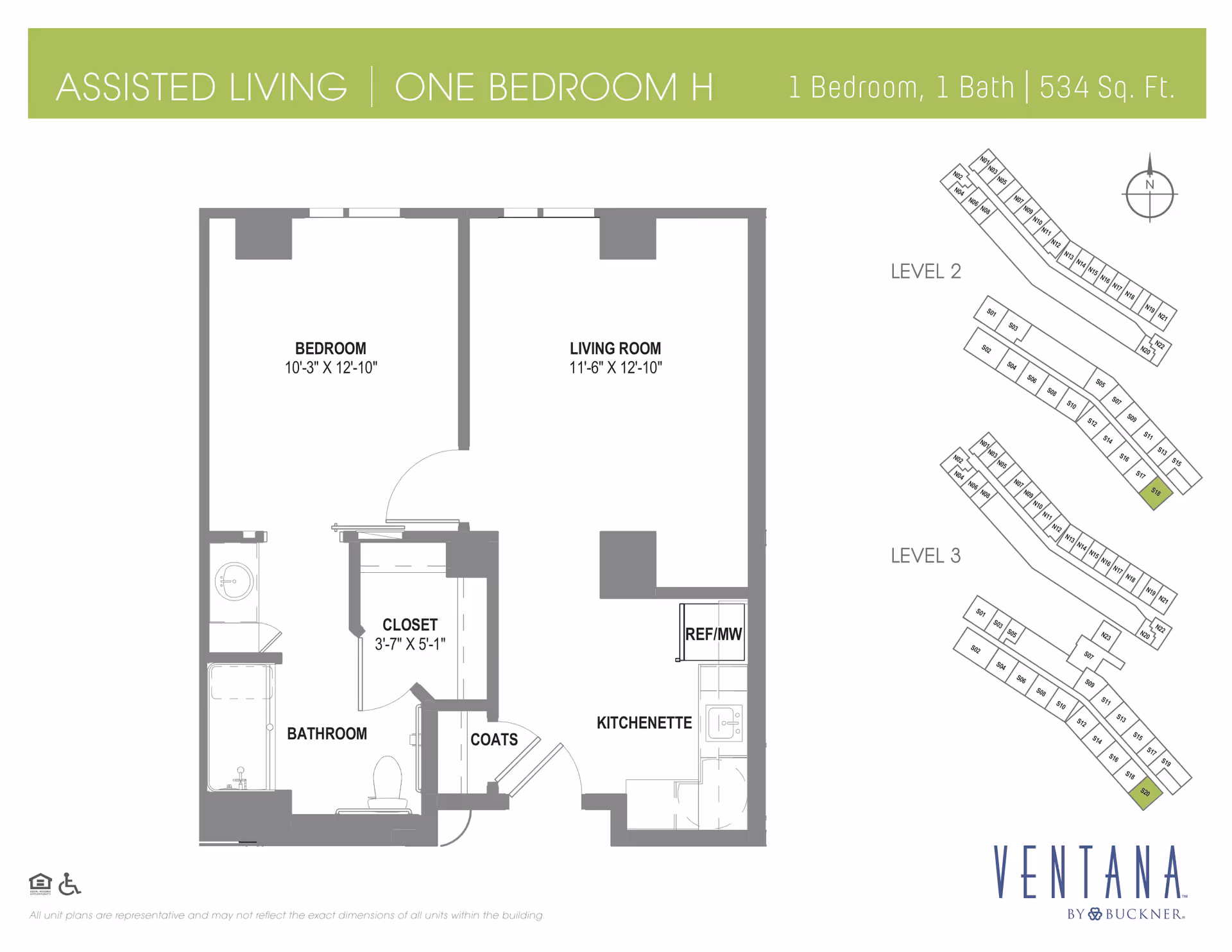 Floor plan of an assisted living one-bedroom, one-bath unit with 534 square feet. The layout includes a bedroom measuring 10 feet 3 inches by 12 feet 10 inches, a living room measuring 11 feet 6 inches by 12 feet 10 inches, a bathroom, a closet, a coat closet, and a kitchenette with refrigerator and microwave. The plan also shows the location of the unit on levels 2 and 3 of the building. The image includes the Ventana by Buckner logo.
