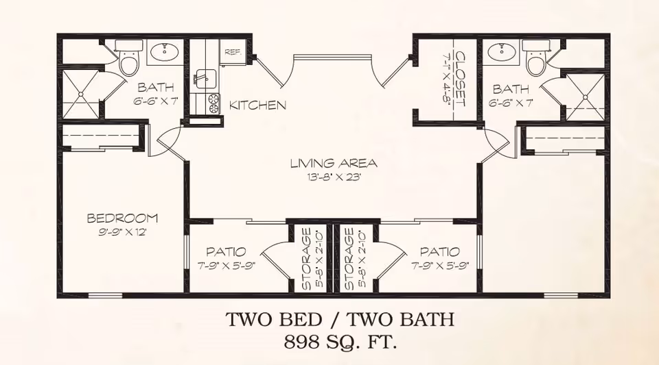 Architectural floor plan of a two-bedroom, two-bathroom apartment with a total area of 898 square feet. The layout includes two bedrooms, each with an attached bathroom, a kitchen, a living area, two patios, two storage spaces, and a closet.