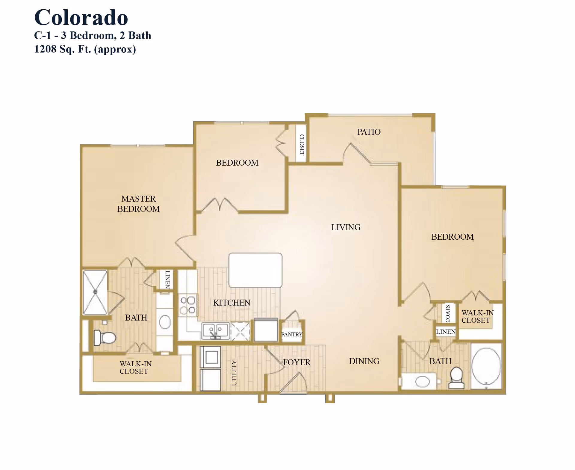Floor plan labeled Colorado C-1 showing a 3 bedroom, 2 bath apartment with approximately 1208 square feet. The layout includes a master bedroom with walk-in closet and bath, two additional bedrooms each with closets, a living area with patio access, a dining area, kitchen with pantry, utility room, foyer, and two bathrooms.