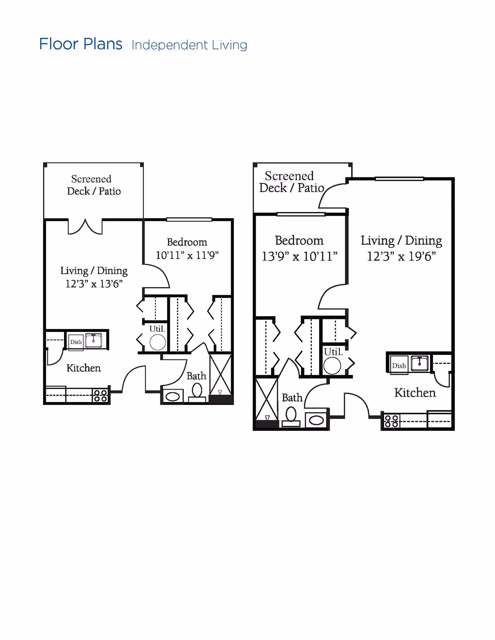 Two floor plans for independent living units at Brookdale Chambrel Roswell. Each plan includes a screened deck or patio, a bedroom, a living/dining area, a kitchen, a bathroom, and a utility closet. The left floor plan shows a bedroom measuring 10 feet 11 inches by 11 feet 9 inches and a living/dining area of 12 feet 3 inches by 13 feet 6 inches. The right floor plan shows a bedroom measuring 13 feet 9 inches by 10 feet 11 inches and a living/dining area of 12 feet 3 inches by 19 feet 6 inches.
