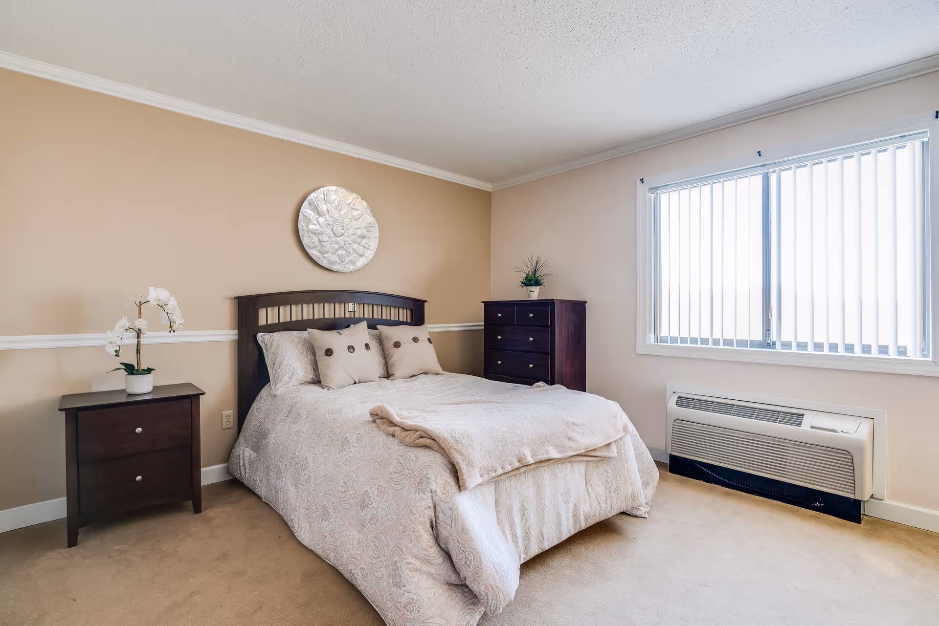 Sunlit bedroom with a double bed, nightstand and dresser against beige walls and a window with vertical blinds.