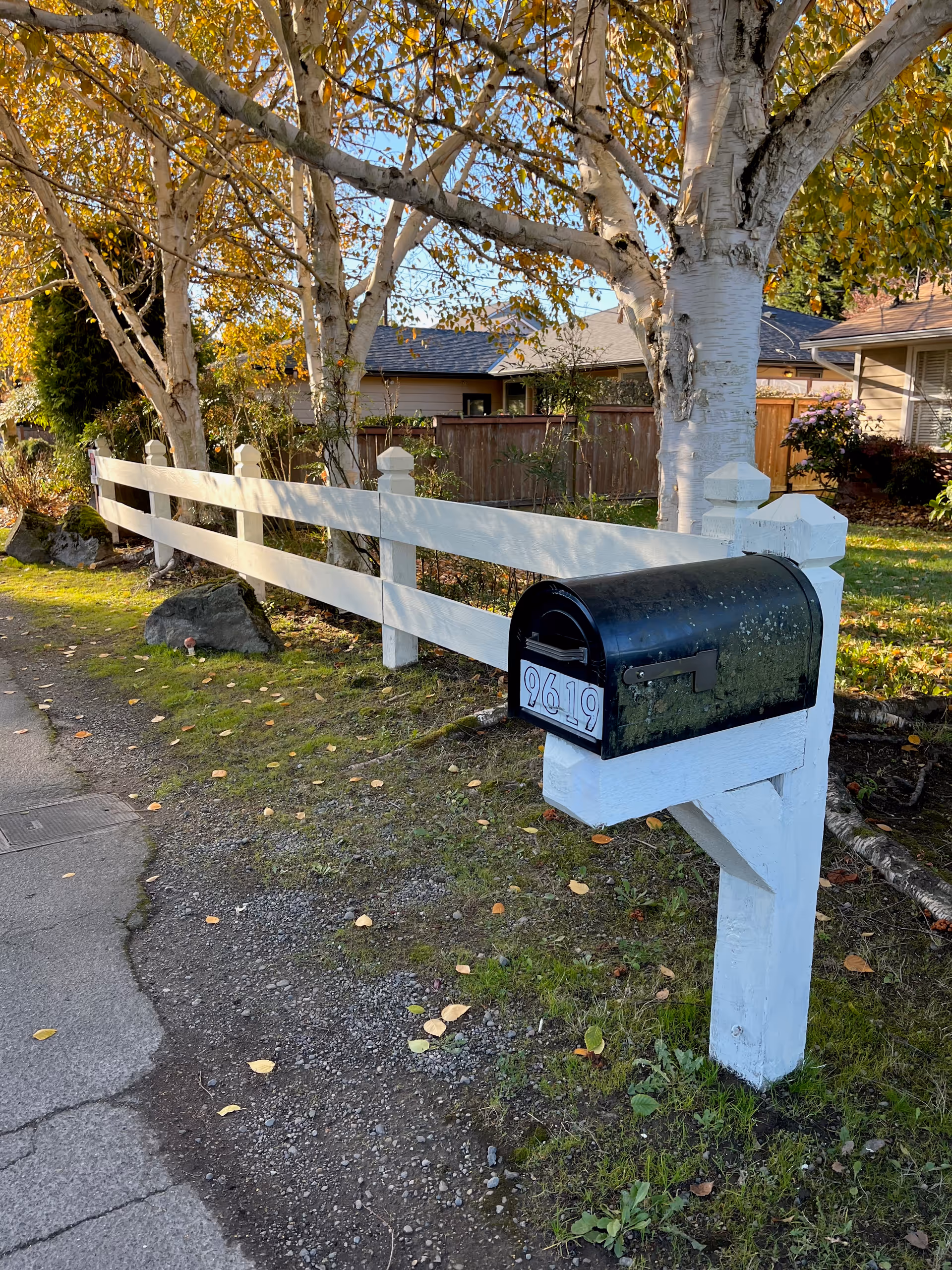 A black mailbox with the number 9619 mounted on a white wooden post next to a white wooden fence. Behind the fence are trees with yellow leaves and a house partially visible in the background. The ground is a mix of grass, dirt, and a paved sidewalk.