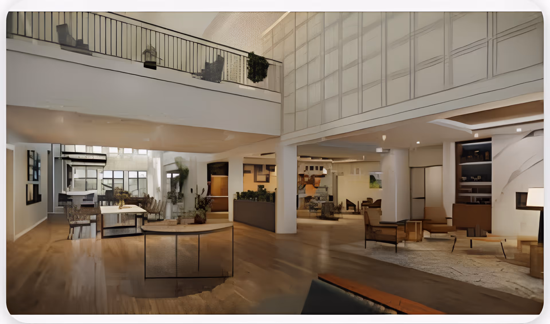 Spacious two-story lobby and common area with modern seating, tables, an upper balcony, and large windows.