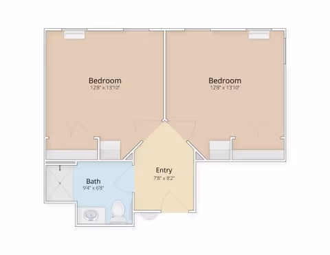 Floor plan layout showing two adjacent bedrooms each measuring 12 feet 8 inches by 13 feet 10 inches, an entry area measuring 7 feet 8 inches by 8 feet 2 inches, and a bathroom measuring 9 feet 4 inches by 6 feet 8 inches with a shower, sink, and toilet.