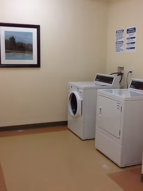 A laundry room with a white front-loading washing machine and a white top-loading dryer placed side by side against a beige wall. There is a framed landscape picture hanging on the left wall and instructional signs on the wall above the machines.