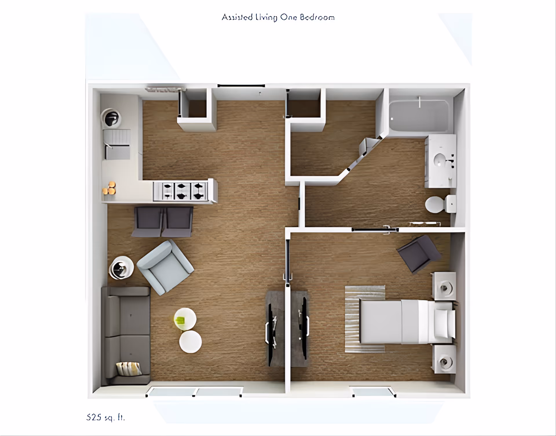 Top-down 3D floor plan of a one-bedroom assisted living apartment showing a living room, kitchenette, bedroom, and bathroom.