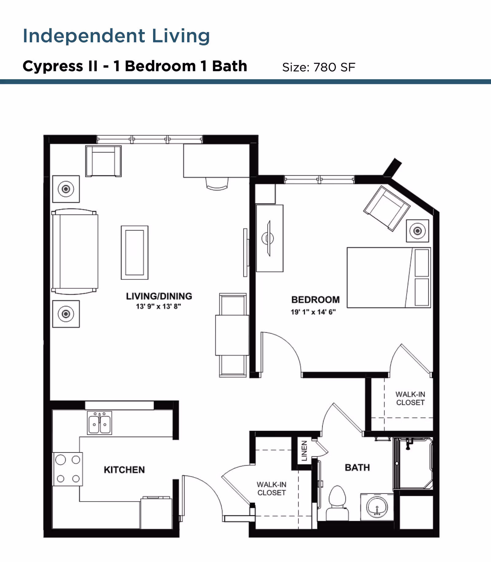 Floor plan of an independent living unit named Cypress II with 1 bedroom and 1 bathroom, covering 780 square feet. The layout includes a living/dining area, kitchen, bedroom with a walk-in closet, bathroom, linen closet, and an additional walk-in closet near the entrance.