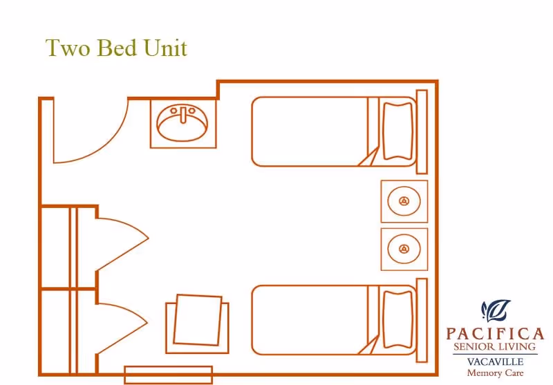 Floor plan of a two bed unit showing two single beds placed parallel with a nightstand between them, a sink near the entrance, and two closets opposite the beds.