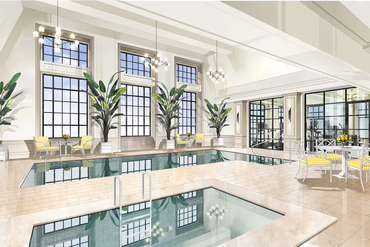 Indoor swimming pool area with large windows, potted plants, yellow-striped chairs, small tables with flower vases, and modern chandeliers. Adjacent room visible through glass walls appears to be a fitness center.