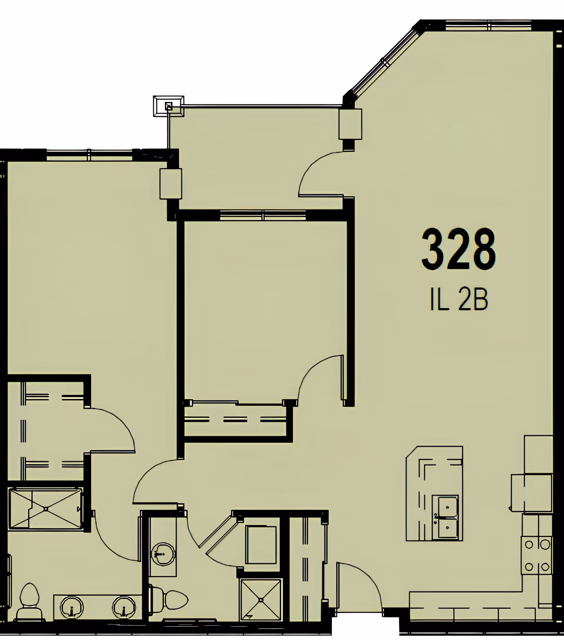 Architectural floor plan of a senior living apartment unit labeled 328 IL 2B, showing rooms including a kitchen, bathroom, and living areas with doors and fixtures outlined.