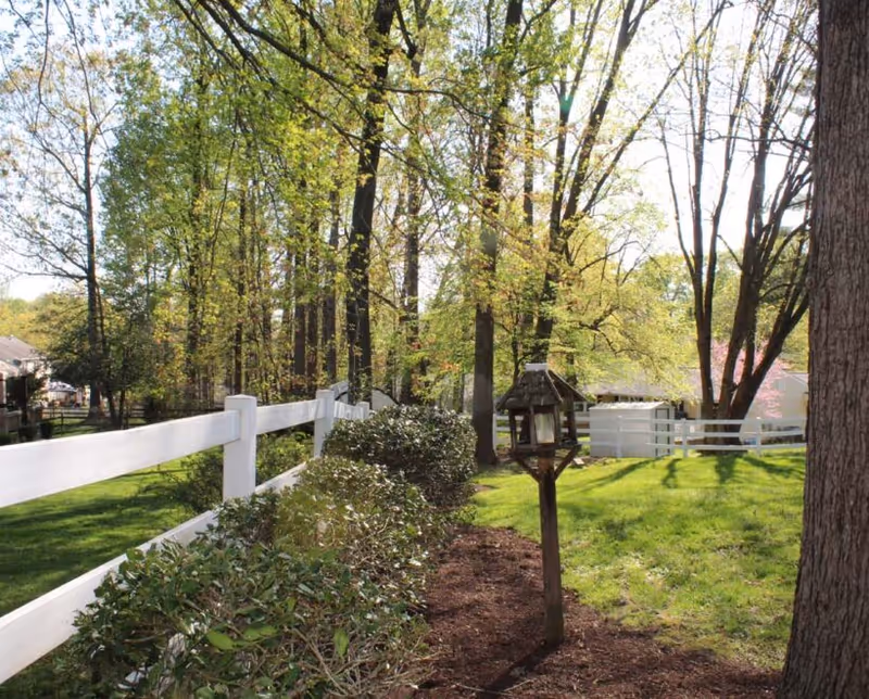 A sunny, tree-filled yard with a white split-rail fence, green lawn, shrubs, and a wooden lantern on a post.