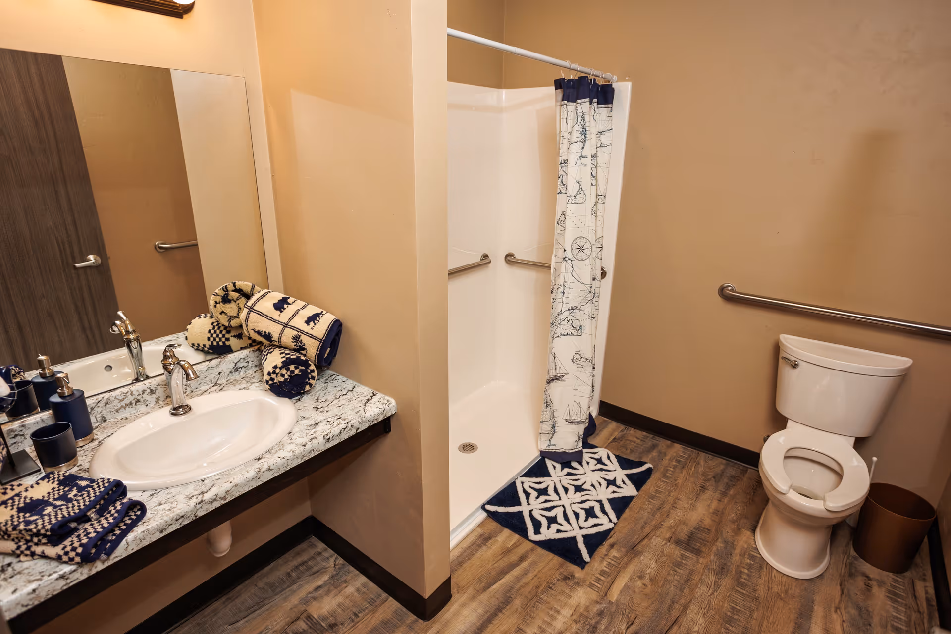 Accessible bathroom with a sink and granite countertop, walk-in shower with patterned curtain, toilet, grab bars, and decorative towels and rug.