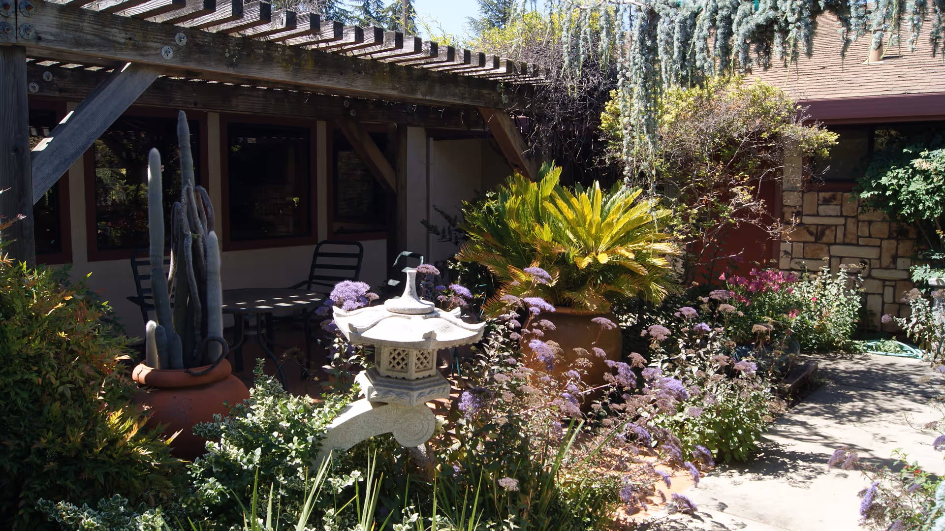 Sunlit courtyard garden with a wooden pergola, potted plants, a decorative stone lantern and patio seating.
