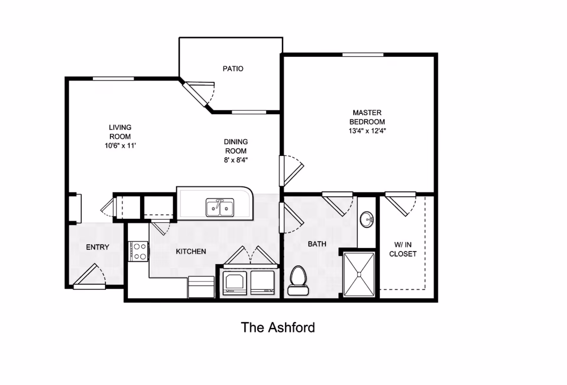 Floor plan of an apartment named The Ashford showing an entry, kitchen, living room, dining room, patio, master bedroom, bathroom, and walk-in closet with dimensions.