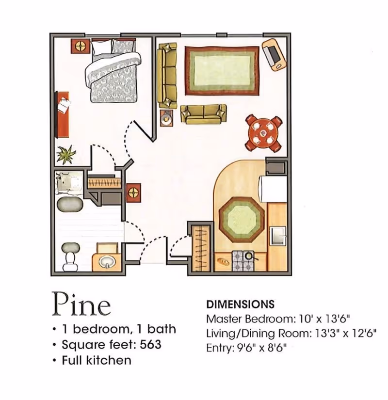 Floor plan of a one-bedroom, one-bath apartment named Pine, showing a master bedroom, bathroom, living/dining room, and full kitchen with dimensions and square footage.