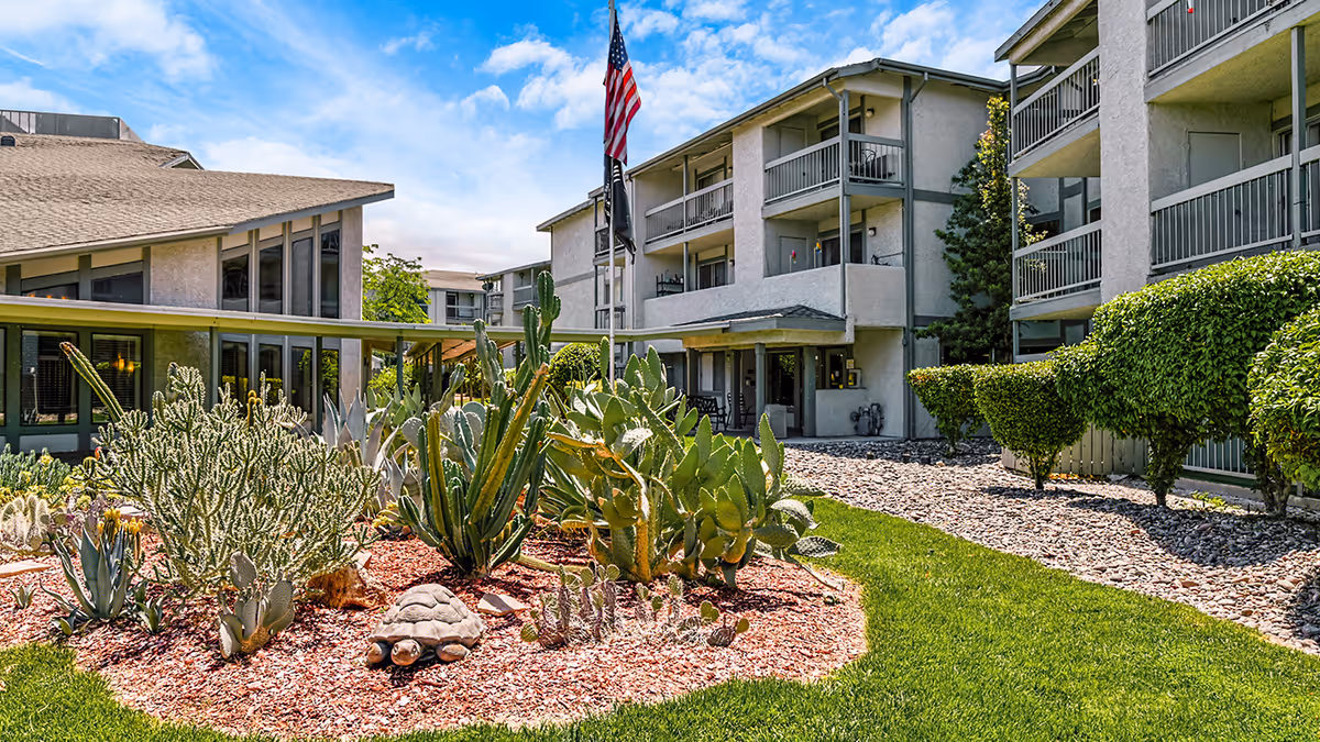 Courtyard with cacti and drought-tolerant landscaping in front of a three-story senior living building with balconies and an American flag.