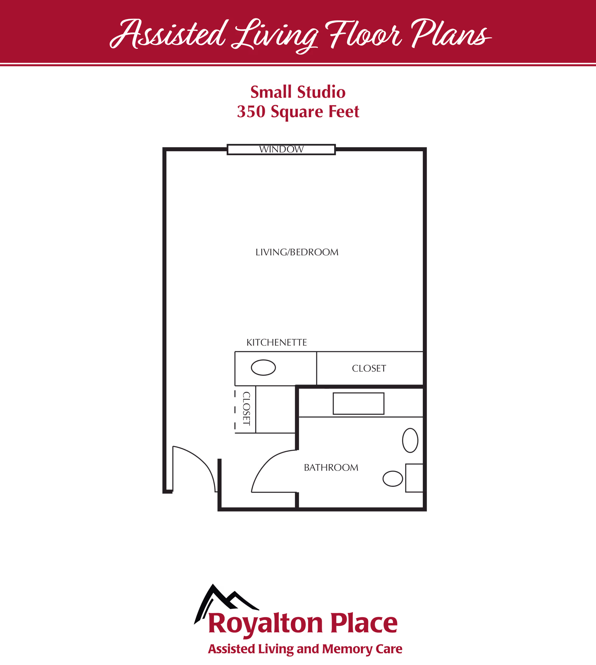 Graphic floor plan of a small studio (350 square feet) showing a window, living/bedroom area, kitchenette, closet, and bathroom for an assisted living community.
