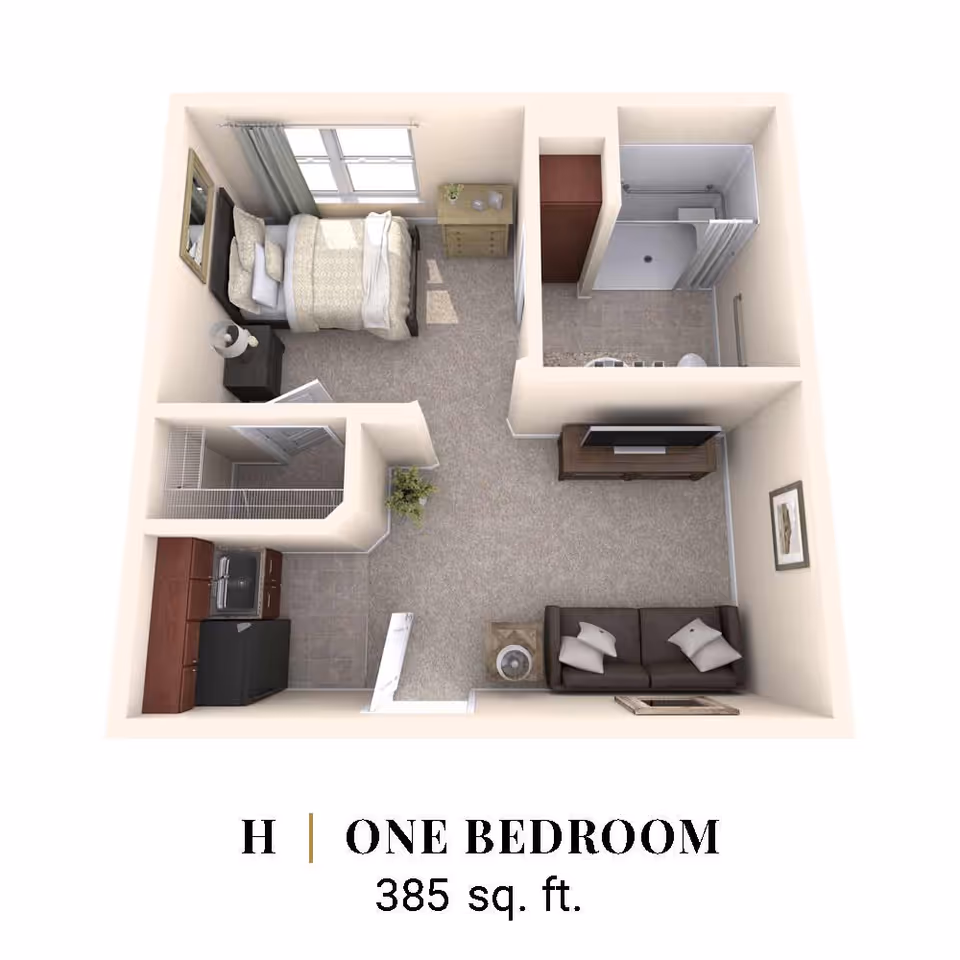3D top-down floor plan rendering of a one-bedroom, one-bath 385 sq. ft. apartment showing a bedroom, bathroom, kitchen, and living area.