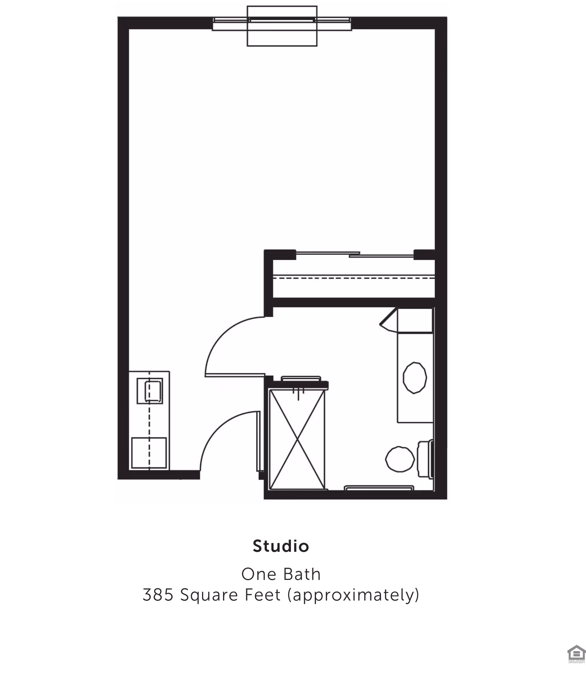 Architectural floor plan of a studio apartment with one bathroom, approximately 385 square feet, showing layout including a bathroom, closet, and main living area.