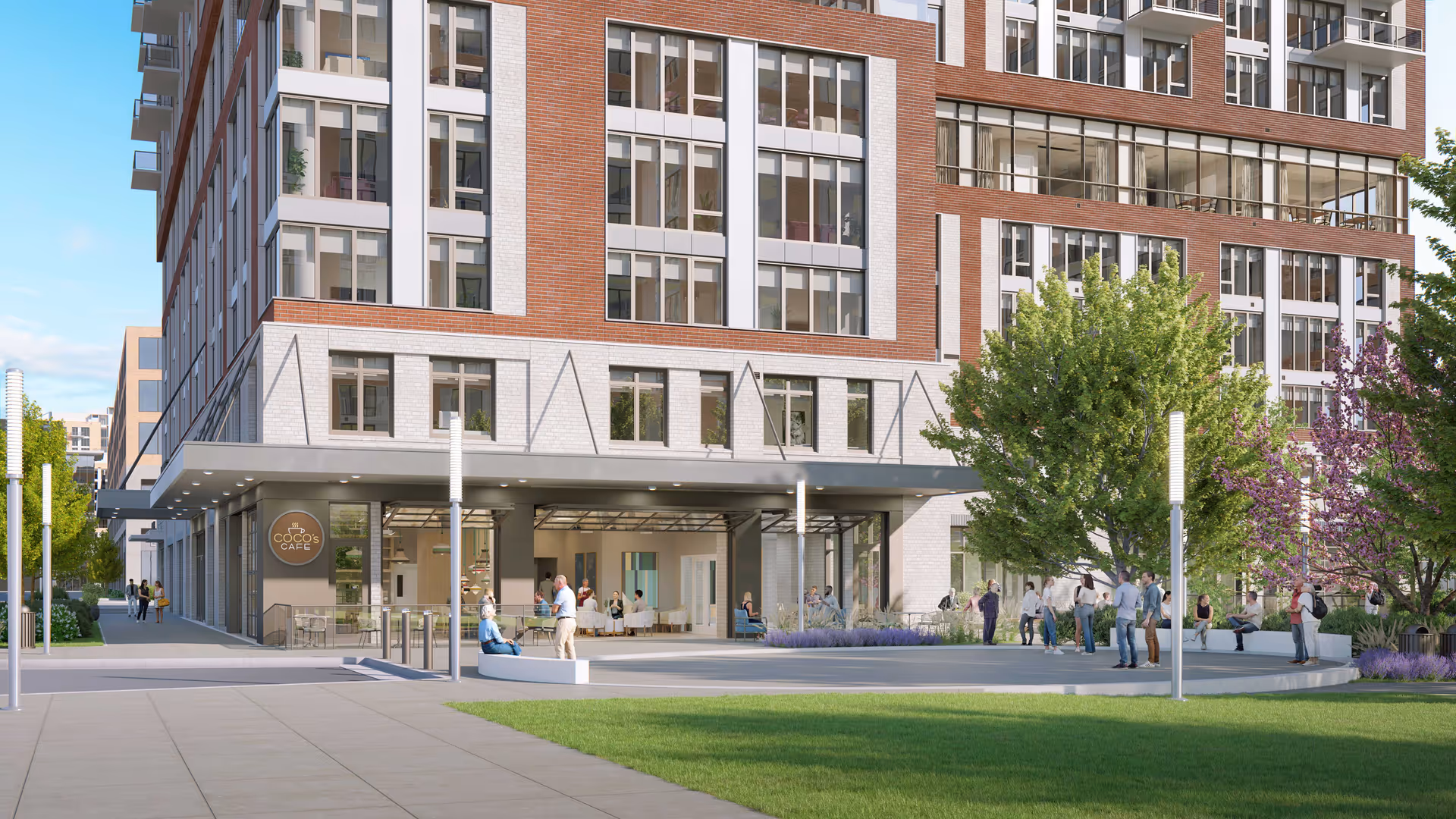 Modern multi-story senior living building with cafe entrance and outdoor plaza.