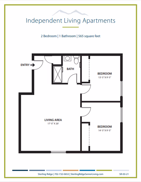 Floor plan diagram of a 2-bedroom, 1-bathroom independent living apartment with labeled rooms and dimensions.