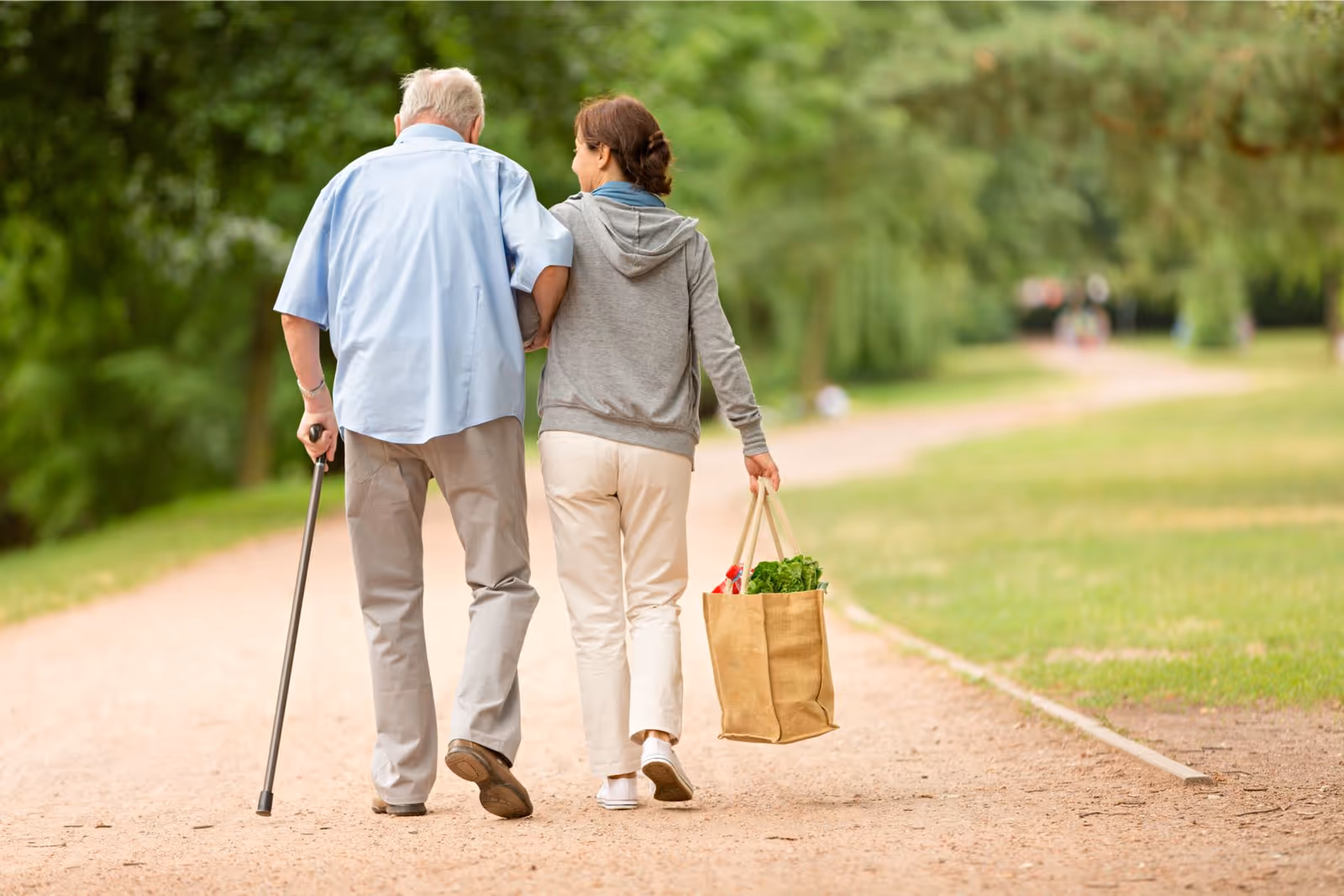 An elderly man with a cane walking arm-in-arm with a younger woman carrying a grocery bag filled with fresh vegetables along a tree-lined path in a park.