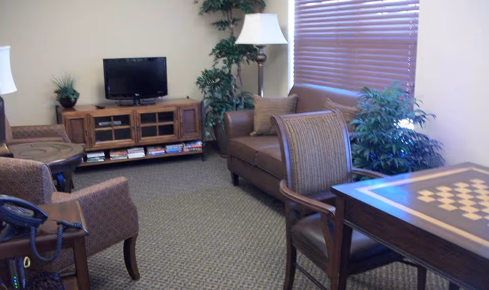 A cozy living room area with a brown leather sofa, a wooden TV stand with a flat-screen television, a wooden table with a chessboard pattern, several chairs, two floor lamps, and green potted plants near a window with closed blinds.
